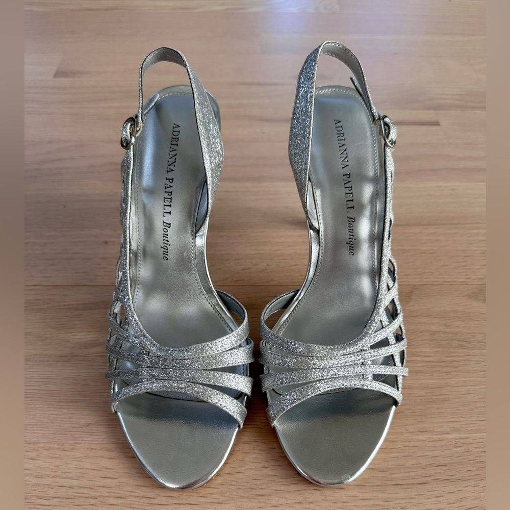 Adrianna Papell Boutique Silver Glitter Strappy Slingback Heels – Size 9M